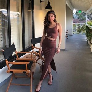 Princess Polly Brown Louise Cutout Side Slit Fitted Ribbed Knit Maxi Dress